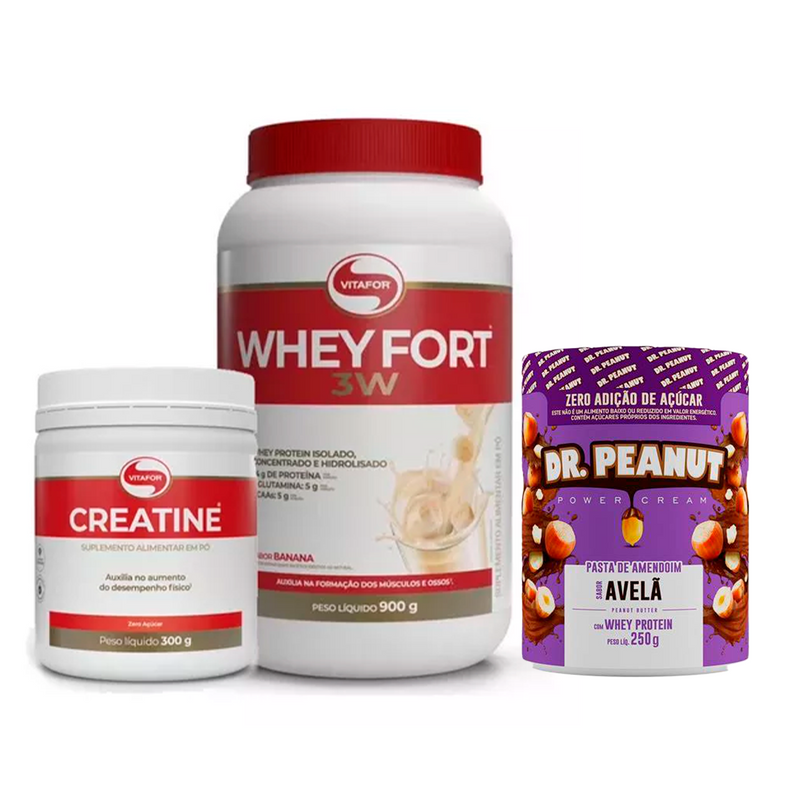 Combo Nutrição Total – Whey, Creatina e Pasta de Amendoim